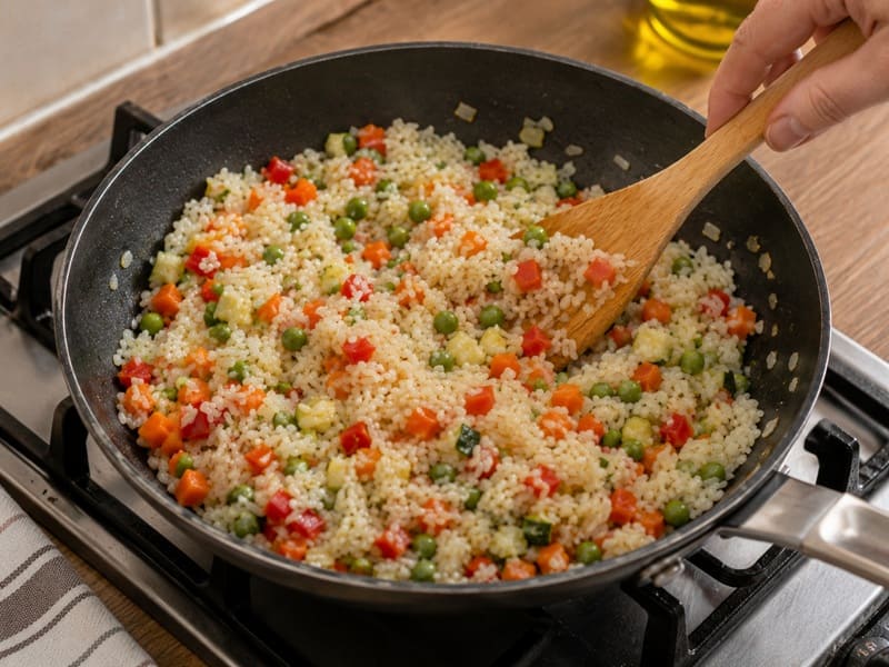 рис з овочами на сковороді